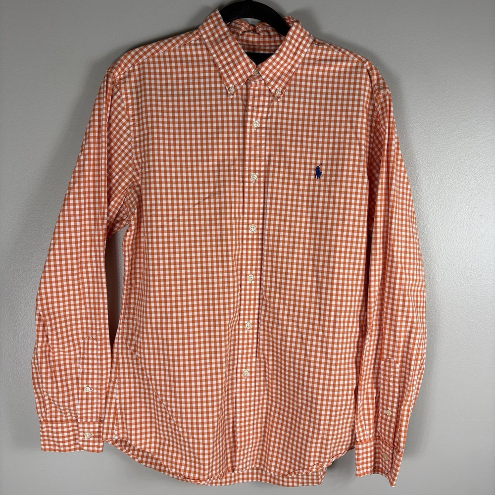 Ralph Lauren Men's Large Orange Gingham Check Button Down Long Sleeve Shirt